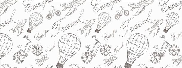 気球、飛行機、自転車、碑文、白背景の長方形図とパターンを旅行します。ビンテージ背景 - 写真・画像