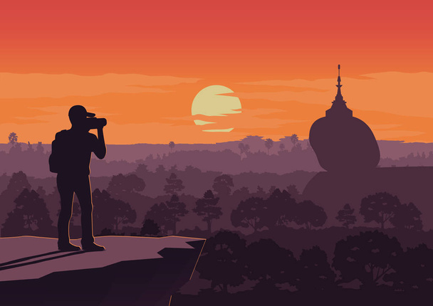 touriste prendre la photo de la célèbre pagode, point de repère de l'heure du coucher du soleil de Xomaron, style de couleur vintage, illustration vectorielle
 - Vecteur, image