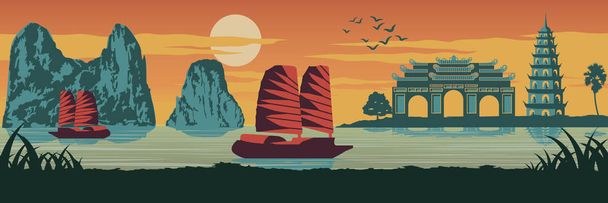 Top berühmtes Wahrzeichen Vietnams, Schiff, ha lange Bucht, Kaiserpalastkomplex in Farbton und tran quoc Pagode bei Sonnenuntergang, Silhouettendesign, Vintage-Farbe, Vektorillustration - Vektor, Bild