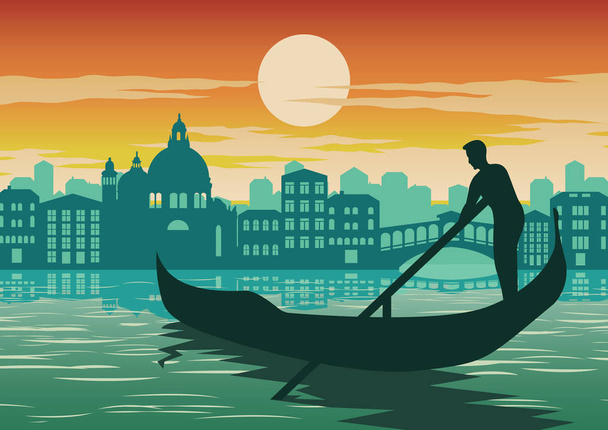man roeiboot in Venetië, een beroemde bezienswaardigheid van Italië, op zonsondergang tijd, vintage en klassieke kleur, silhouet design, vector illustratie - Vector, afbeelding
