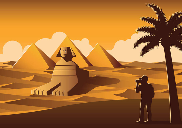 turisti ottaa valokuvan kuuluisa paikka nimeltä Pyramid, maamerkki Egyptin auringonlaskun aikaan, keltainen väri tyyli, vektori kuva
 - Vektori, kuva