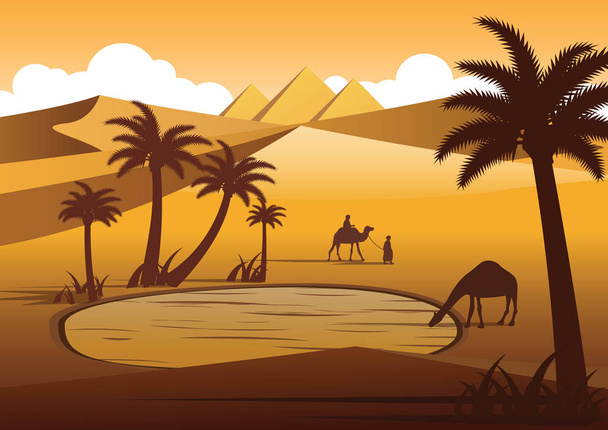 Wielbłąd pić wody w oazie pustyni w pobliżu piramidy, projekt sylwetka, ilustracji wektorowych - Wektor, obraz