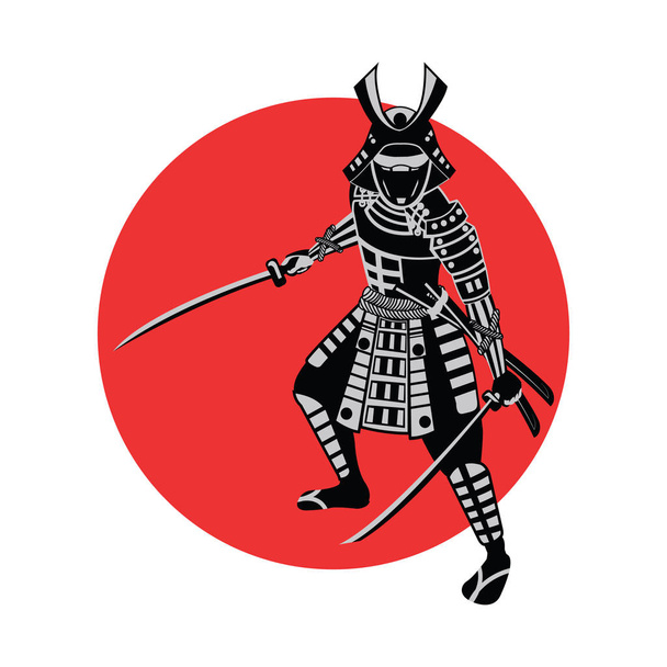 Samuraj trzymać miecz przed czerwone kółko, wojownik Japonii, monochromatyczne projekt realistyczny, ilustracji wektorowych - Wektor, obraz