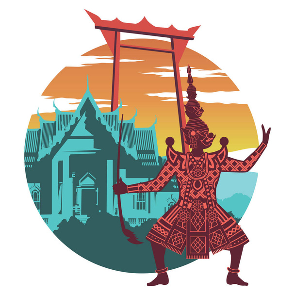 Král obra v pantomimy, Mramorový chrám a obří houpačka, dominantou a symbolem Thajska, hadřík a web designu, vintage barvu, vektorové ilustrace - Vektor, obrázek