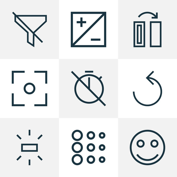 Immagine icone linea di stile impostato con turno, sorriso, ruotare a sinistra e altri elementi di filtrazione. Isolate icone immagine vettoriale illustrazione
. - Vettoriali, immagini