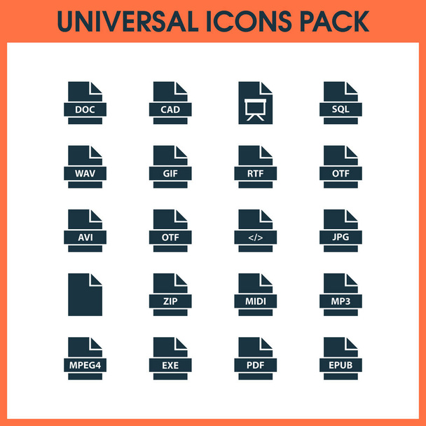Document icons set with pdf, exe, wav and other doc elements. Isolated vector illustration document icons. - Vector, Image