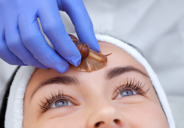 Cosmetological procedure. Mooie jonge vrouw met een slak ahatin op haar gezicht in een schoonheidssalon. - Foto, afbeelding