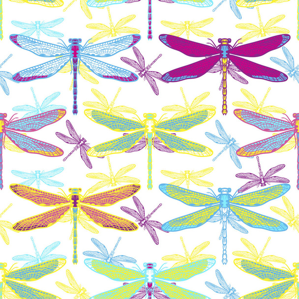 Dibujado a mano libélulas estilizadas patrón sin costura para niñas, niños, ropa. Fondo creativo con insecto. Fondo de pantalla divertido para textil y tela. Estilo de moda. Colorido brillante
 - Vector, Imagen