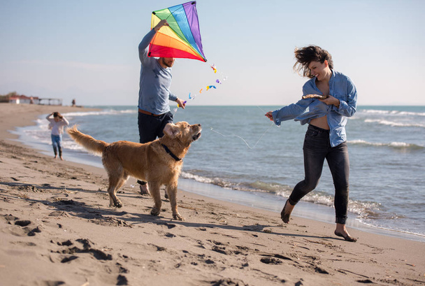 happy young family with kids having fun with a dog and  kite at beach during autumn day - Φωτογραφία, εικόνα