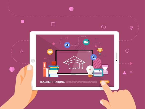 Ilustraciones diseño concpt e-learning with hand click on tablet online course teacher trainng. Vector ilustrar
. - Vector, imagen