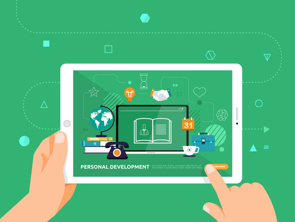 Ilustraciones diseño concpt e-learning con la mano haga clic en la tableta curso en línea desarrollo personal. Vector ilustrar
. - Vector, Imagen
