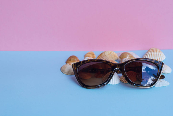 Various types of shells and one sunglasses on a light blue and pink background. Minimalist image that capture the spirit of summer. Acanthocardia tuberculata and other seashells. Horizontal view. Summer colors - Foto, afbeelding