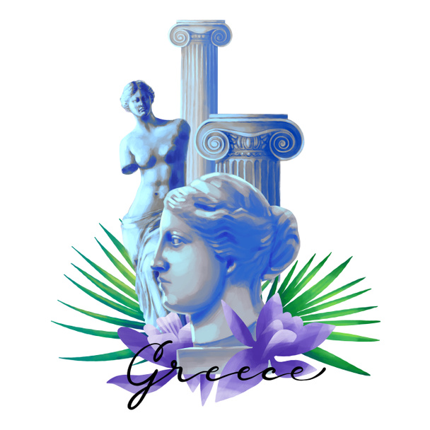 Венера Мілоська скульптур, стародавні іонний порядку стовпців екзотичні квіткові прикраси. Цифровий пофарбовані мистецтва в гуаш техніку - Фото, зображення