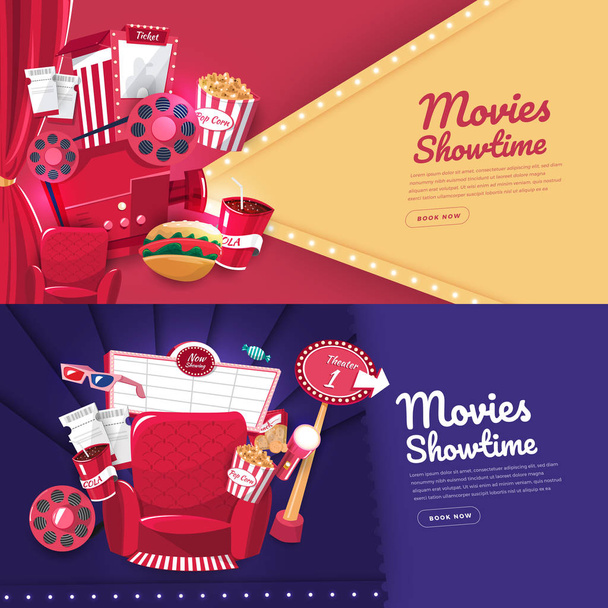 Flat design concept movie cinema show time and theater. Banner website template poster brochure layout design. Vector illustrations. - Vector, Image