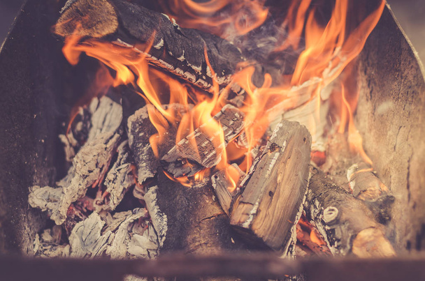 burning firewood in barbecue/burning brazier with firewoo - Foto, imagen