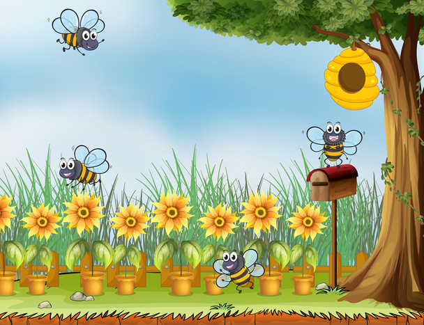 Чотири бджоли в саду
 - Вектор, зображення