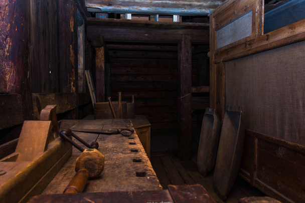 The interior of the old workshop, wooden tools are not factory-made. Manual labor - Fotó, kép