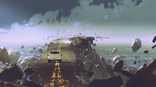 Auto auf der kaputten Asphaltstraße im Ort ohne Schwerkraft, digitaler Kunststil, Illustrationsmalerei - Foto, Bild