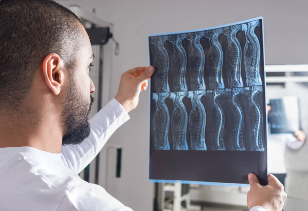 Radiologist analysing X-ray image with human spine in consulting room - Foto, Imagen