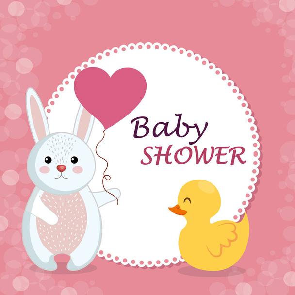tarjeta de ducha de bebé con conejo lindo y pato
 - Vector, Imagen