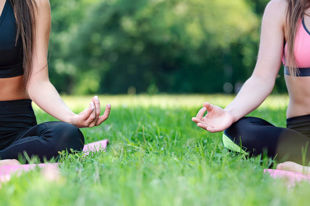 Kaksi naista, jotka meditoivat joogassa lootuksessa, poseeraavat ulkona puistossa aurinkoisena päivänä lähikuvassa (kopioi tilaa
) - Valokuva, kuva