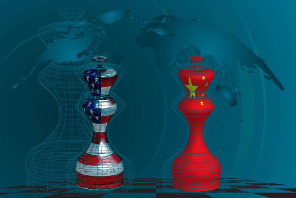 ABD ve Çin, kavramsal kolaj arasındaki ticaret savaş. Satranç queens bir satranç tahtası üzerinde çene ve Amerikan bayrakları tekstürlü - Fotoğraf, Görsel