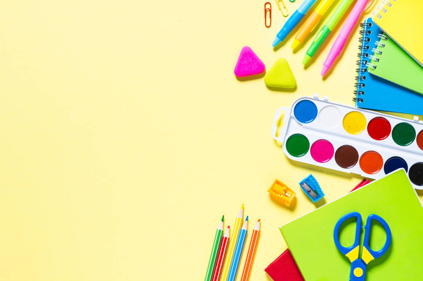 School and office sstationery on yellow background.  - Foto, Imagen