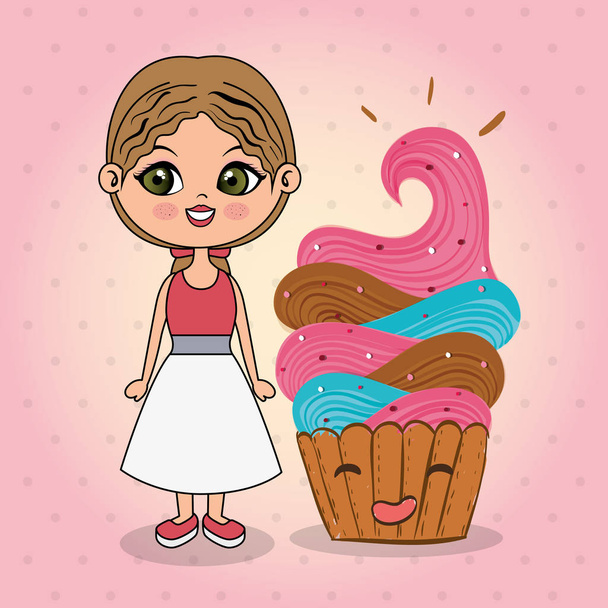 piękna dziewczyna z cupcake kawaii znaków - Wektor, obraz