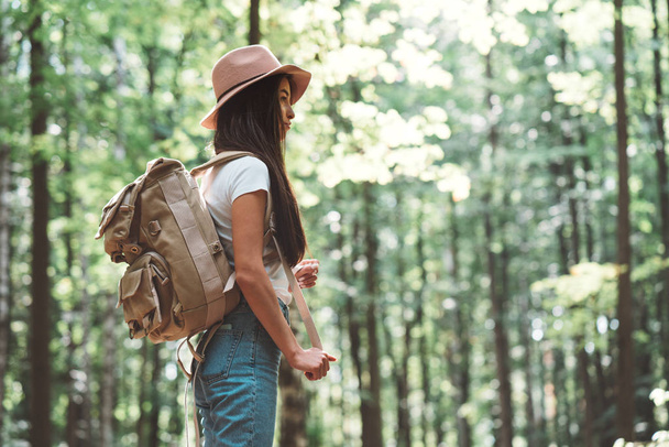 Young woman traveler with backpack walking among trees at forest in sunset - Foto, Imagen