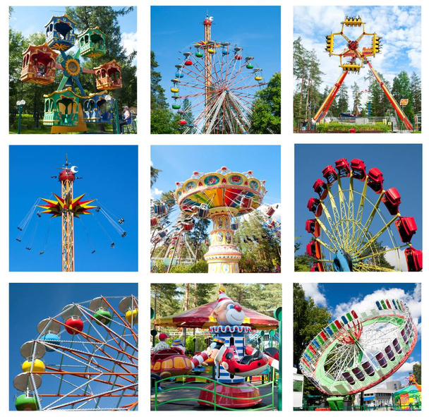 Colagem de belas atrações diferentes em movimento no parque de diversões
 - Foto, Imagem