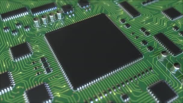 Señales eléctricas en PCB verde o placa de circuito impreso. Animación conceptual relacionada con la tecnología informática
 - Metraje, vídeo