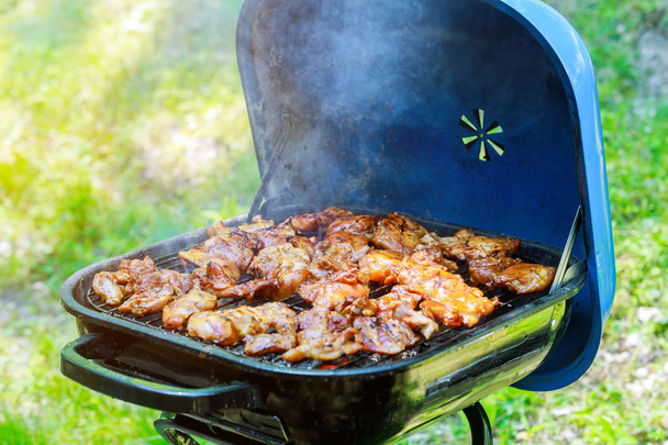 Grillé kebab cuisson sur brochette en métal. Viande rôtie cuite au barbecue. Grill sur charbon et flamme, pique-nique, street food
 - Photo, image