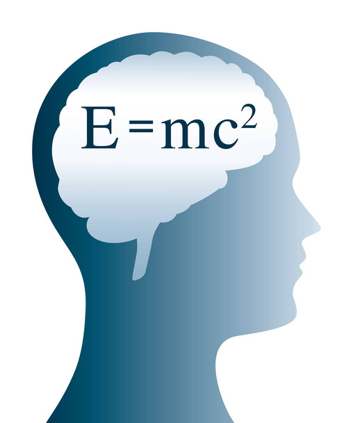 Формула Эйнштейна в форме мозга и силуэт головы. В физике существует формула эквивалентности массовой энергии. Все, что имеет массу, имеет эквивалентное количество энергии и наоборот. Вектор
 - Вектор,изображение
