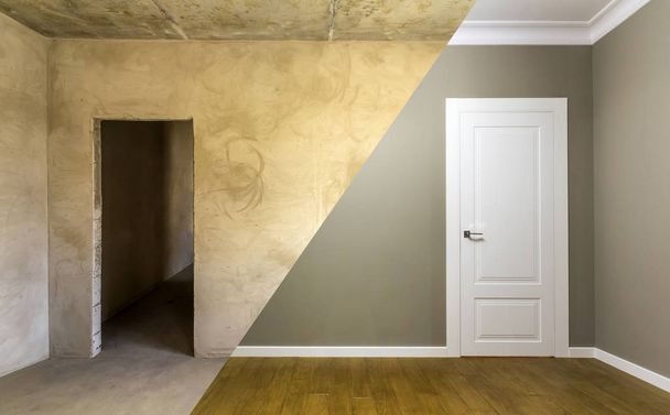 Porównanie z pokoju w mieszkaniu, przed i po renowacji. Nowe wnętrze ściany tynkowane i malowane, białe drzwi i podłoga drewniana dąb. Koncepcja zagospodarowania nieruchomości. - Zdjęcie, obraz