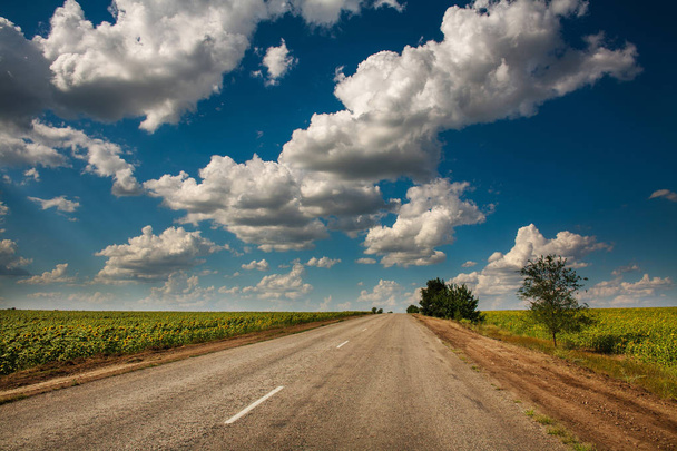 Dramatyczny krajobraz droga asfaltowa, pozostawiając w niebo z chmurami za horyzontem - Zdjęcie, obraz