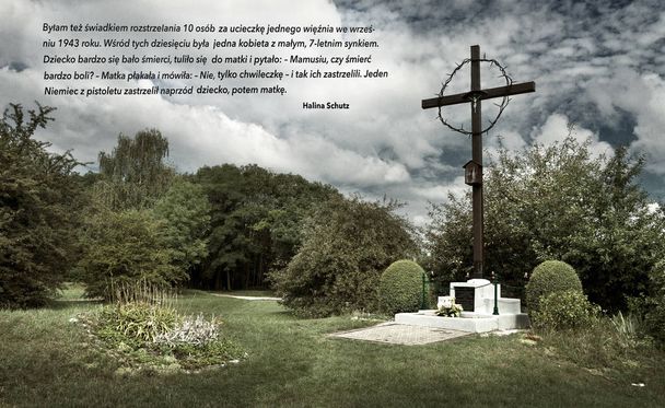 Хрест з коротка розповідь на англійській мові вшанували пам'ять жертв колишній німецькому концентраційному таборі Plaszow біля м. Краків, Польща - Фото, зображення