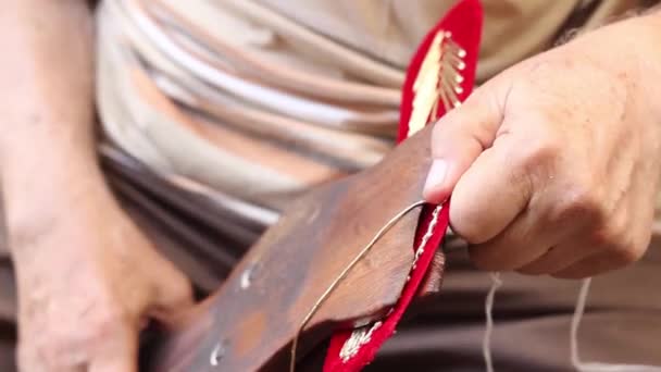 Traditional handmade shoe making fo red shoes in Tire at Izmir - Footage, Video