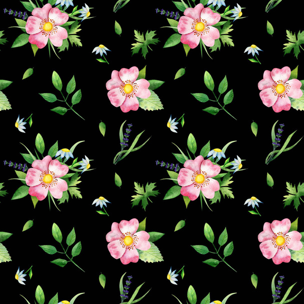 Seamless pattern with dog-rose, green lives  and chamomile - Fotó, kép