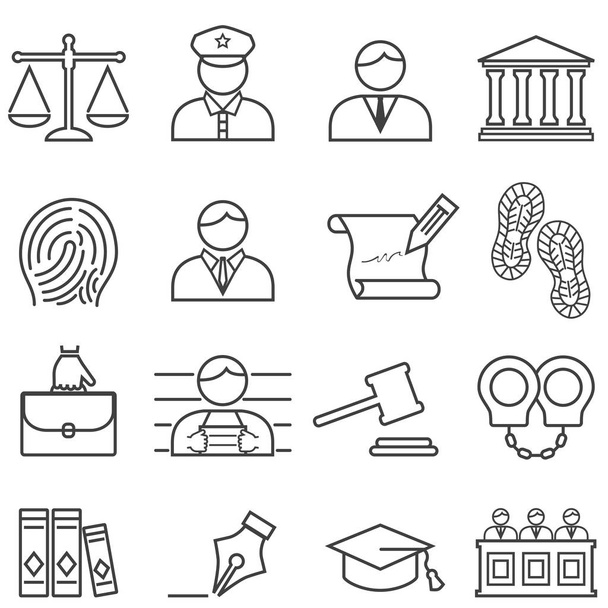 Δικαιοσύνη, νομοθεσία, δικηγόρος, δικαστής, δίκη και δικαστήριο γραμμή Ορισμόςεικονιδίου - Διάνυσμα, εικόνα