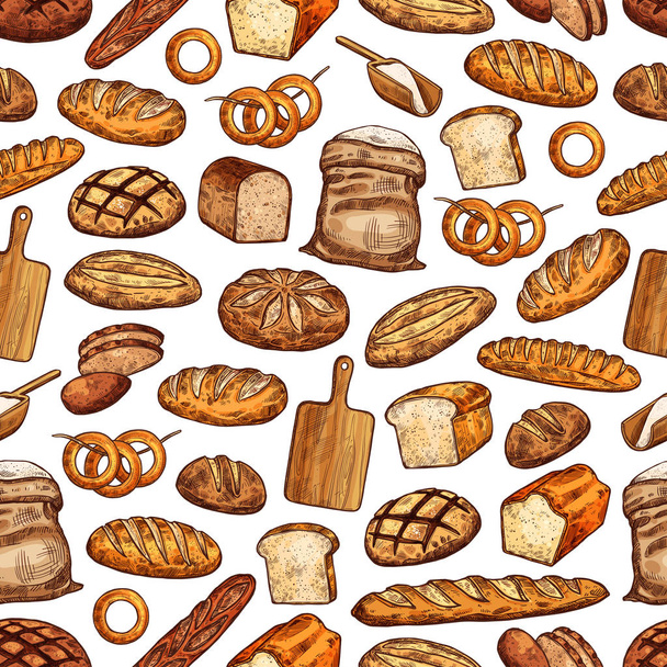Brood brood, broodje en stokbrood naadloze patroon - Vector, afbeelding