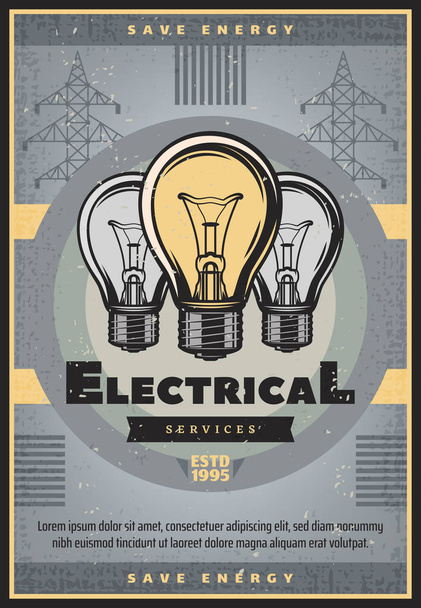 Save energy retro banner of electrical service - Vector, Image