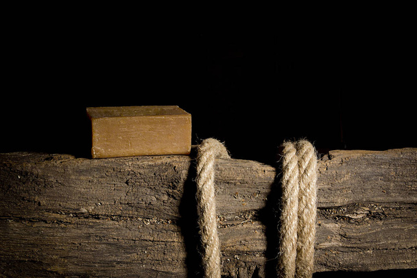 Rope and soap is not an old wooden crossbar - Photo, Image