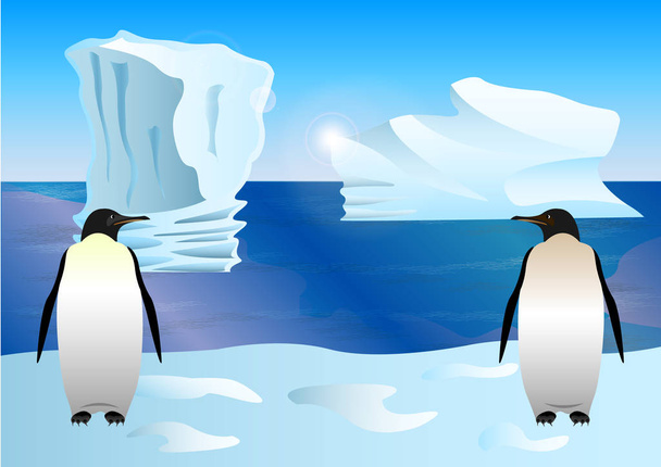 Karikatür tarzı çizilmiş penguenler buz, arka plan üzerinde buzdağları, - Vektör, Görsel