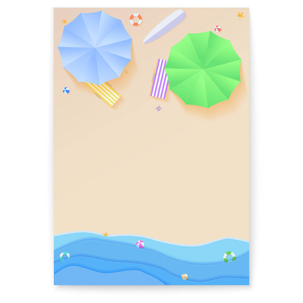 Cover design with summer beach in style of cut out paper, flat lay. Aerial view on seashore with sun umbrellas, deck chairs, balls, swimming ring, surfboard. Beach from paper cut out layers. - Вектор,изображение