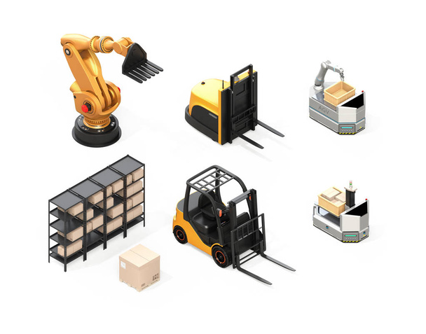 Isometric view of electric forklift, autonomous forklift, AGV, industrial robot isolated on white background. 3D rendering image. - Photo, Image