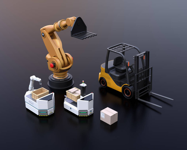 Elektrogabelstapler, autonomer Gabelstapler, Agv und Industrieroboter auf schwarzem Hintergrund. 3D-Renderbild. - Foto, Bild