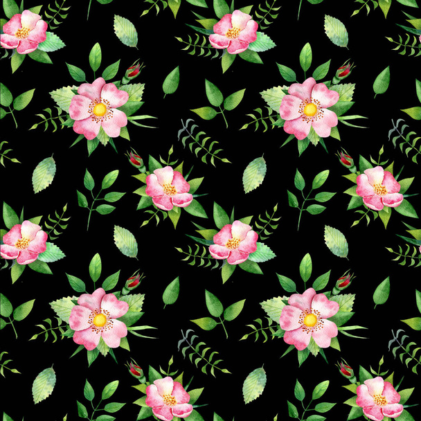 Seamless pattern with dog-rose and green lives   - Φωτογραφία, εικόνα