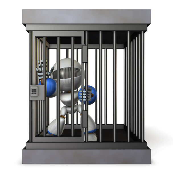 Робот утримувався у в'язниці. Він кричить неправдиві звинувачення. 3D ілюстрація
 - Фото, зображення