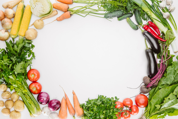 плоский слой со свежими осенними овощами, уложенными в блендере посередине изолированными на белом
 - Фото, изображение