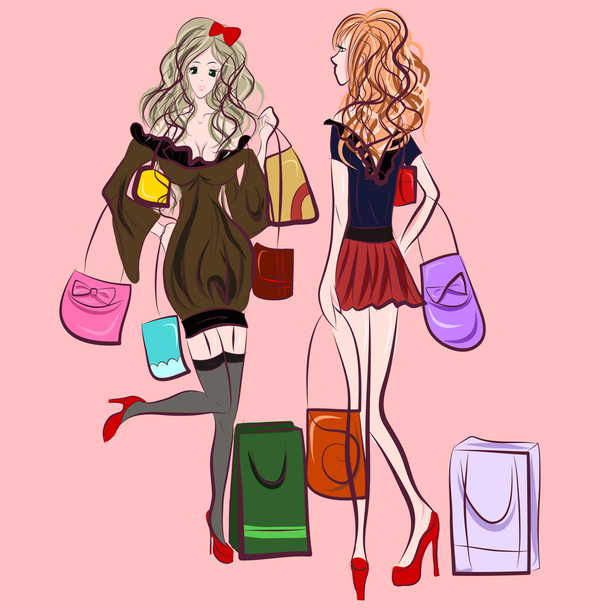 Shopping girls with bags - Vektör, Görsel